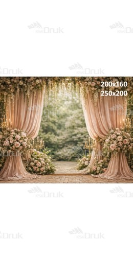 Tło fotograficzne „Romantyczna kwiatowa scena z zasłonami i świecami” | E858